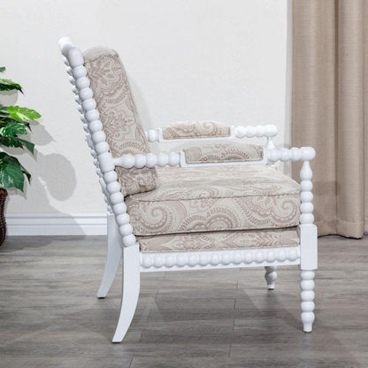 Spindle Chair, White Finish, Taupe Paisley Fabric