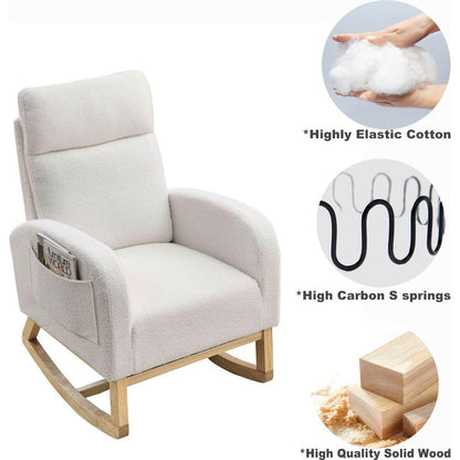 27.6"W Modern Accent High Backrest Living Room Lounge Arm Rocking Chair, Two Side Pocket, Teddy White (Ivory)