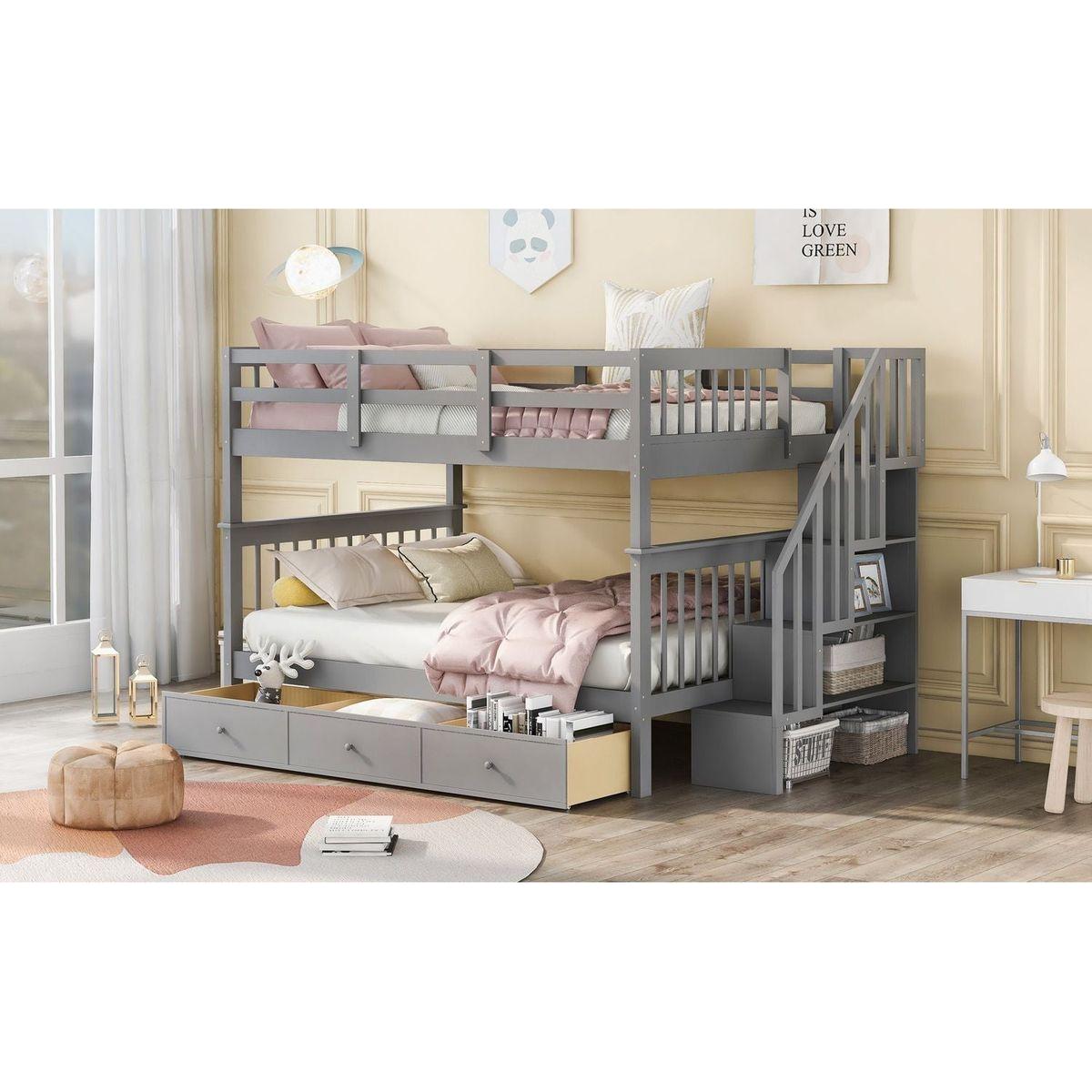 Stairway Full-Over-Full Bunk Bed with Drawer, Storage and Guard Rail for Bedroom, Gray color