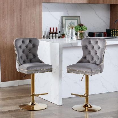 Thick Golden Swivel Velvet Barstools Adjusatble Seat Height from 25-33 Inch, Modern Upholstered Bar Stools with Backs Comfortable Tufted for Home Pub and Kitchen Island (Gray, Set of 2)