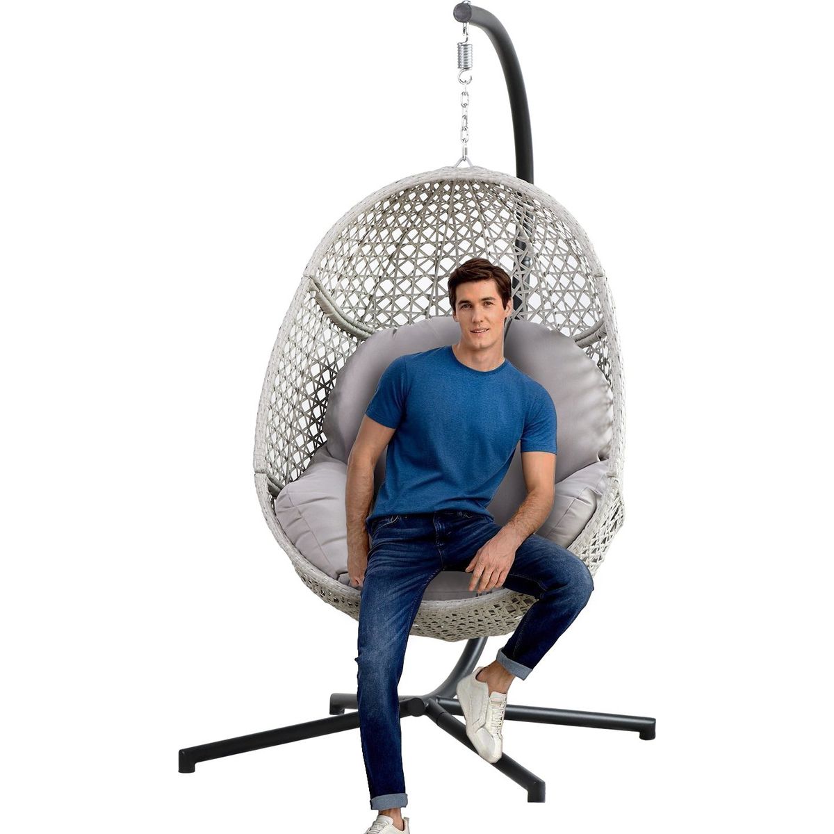 Large Hanging Egg Chair with Stand & UV Resistant Cushion Hammock Chairs with C-Stand for Outdoor