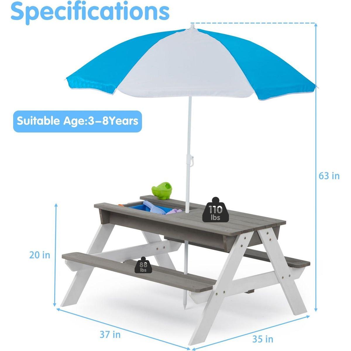 3-in-1 Kids Outdoor Wooden Picnic Table With Umbrella, Convertible Sand & Wate, Gray ASTM & CPSIA CERTIFICATION