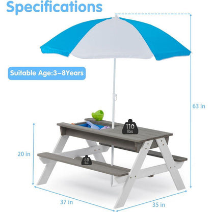 3-in-1 Kids Outdoor Wooden Picnic Table With Umbrella, Convertible Sand & Wate, Gray ASTM & CPSIA CERTIFICATION