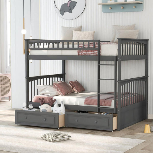 Full over Full Bunk Bed with Drawers, Convertible Beds, Gray