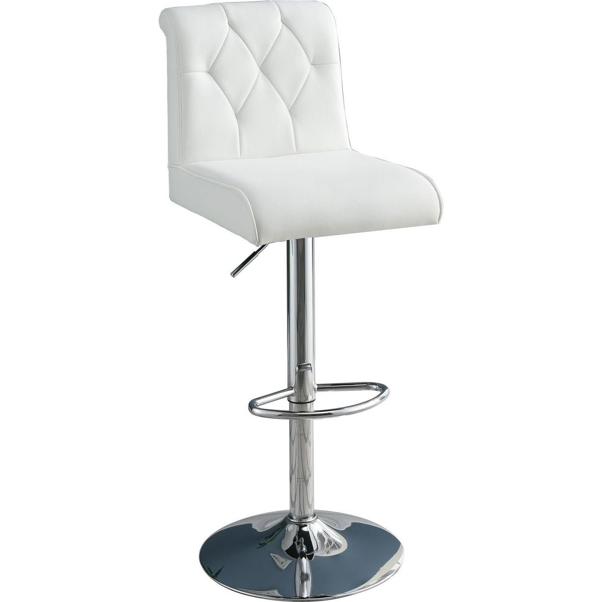 Adjustable Bar stool Gas lift Chair White Faux Leather Tufted Chrome Base Modern Set of 2 Chairs Dining Kitchen