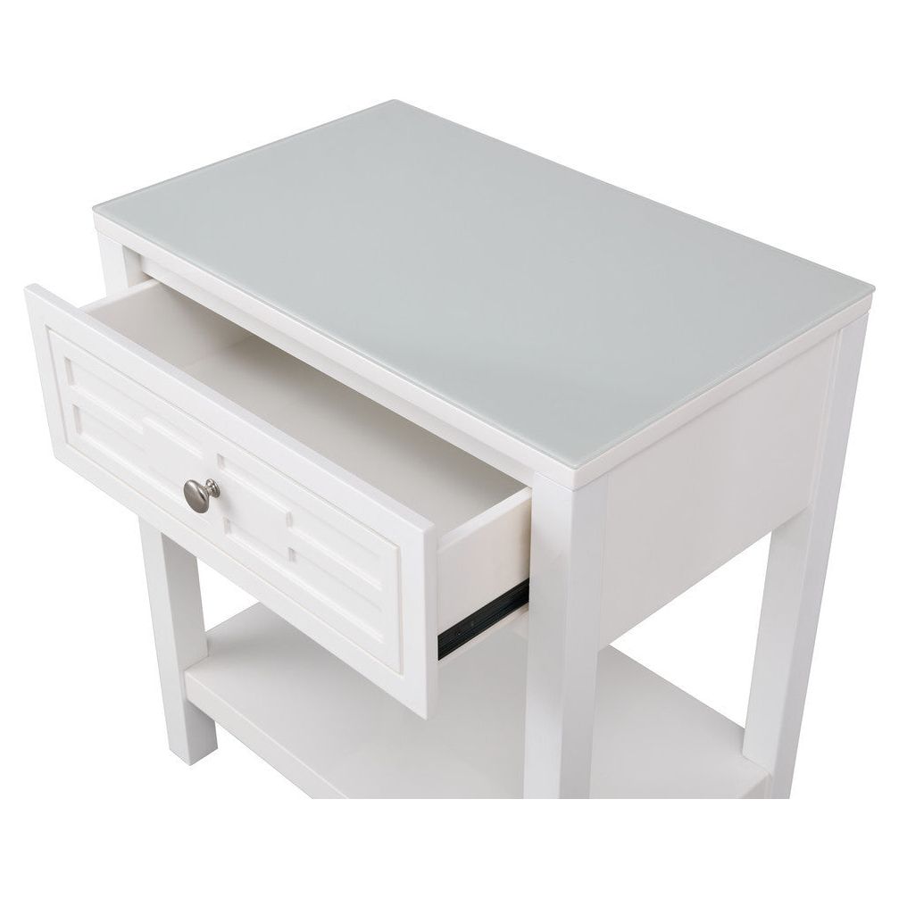 Dylan White Wooden End Side Table Nightstand with Glass Top and Drawer