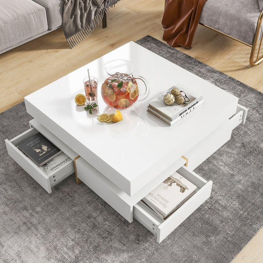 Modern High Gloss Coffee Table with 4 Drawers, Multi-Storage Square Cocktail Tea Table with Wood Grain Legs, Center Table for Living Room, 31.5"x31.5", White