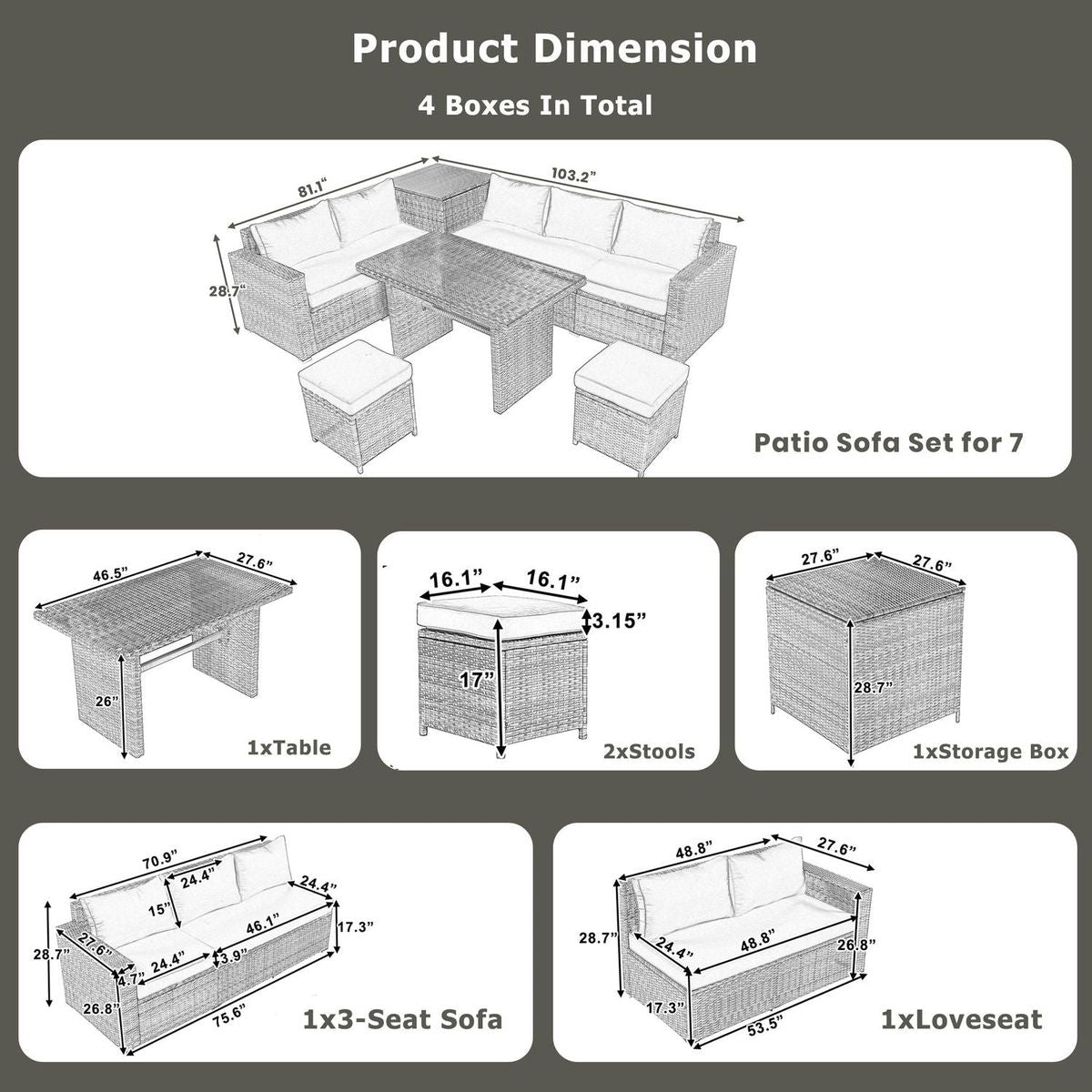 Outdoor 6-Piece All Weather PE Rattan Sofa Set, Garden Patio Wicker Sectional Furniture Set with Adjustable Seat, Storage Box, Removable Covers and Tempered Glass Top Table, Beige