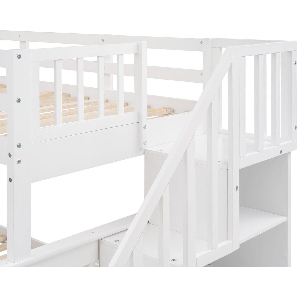 Stairway Twin-Over-Full Bunk Bed with Storage and Guard Rail for Bedroom, White color