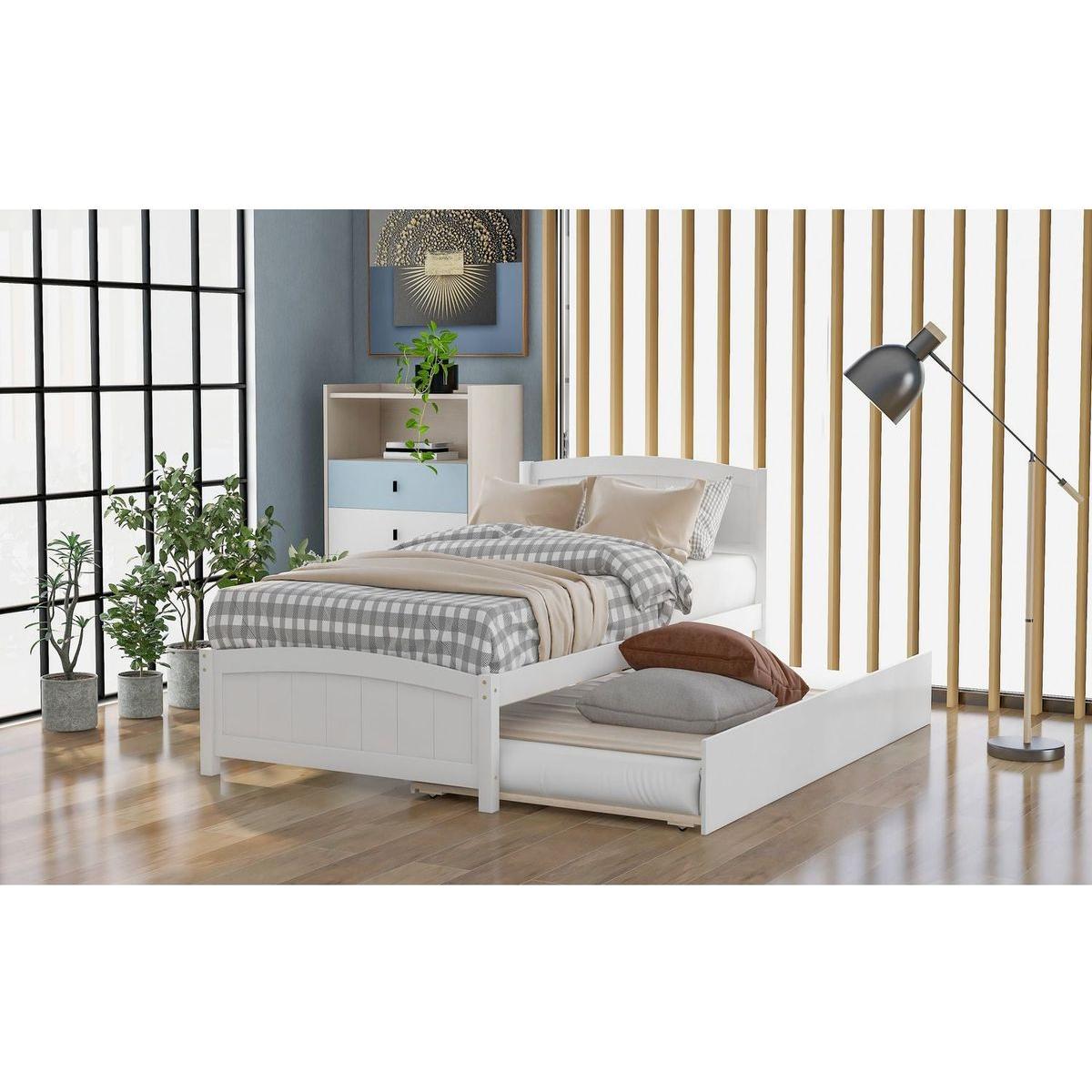 Twin size Platform Bed with Trundle, White - Streamdale Furniture