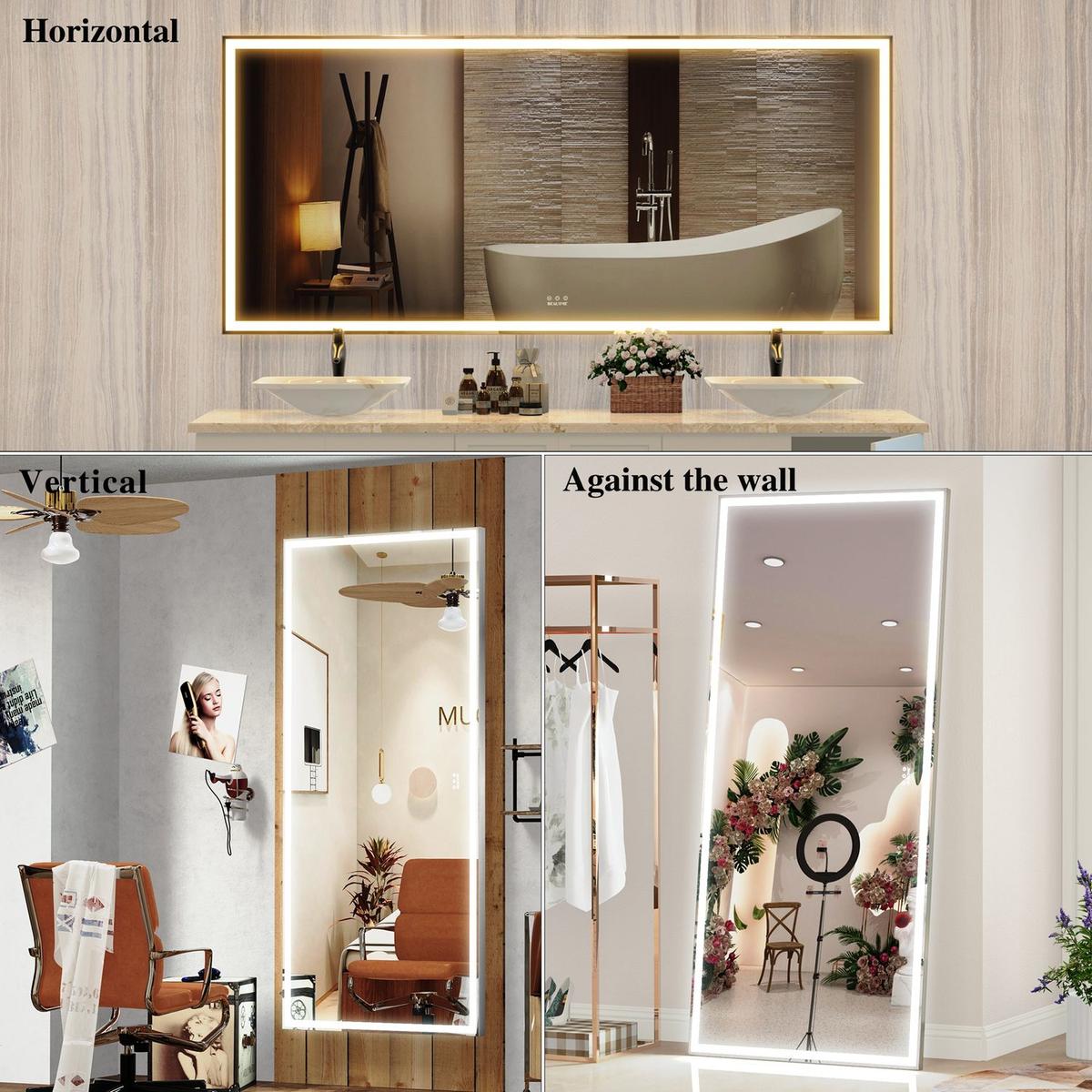 72X32 inch Oversized LED Bathroom Mirror Wall Mounted Mirror with 3 Color Modes Aluminum Frame Wall Mirror Large Full Length Mirror with Lights Lighted Full Body Mirror for Bedroom Living Room, Silver