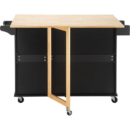 Kitchen Island & Kitchen Cart, Mobile Kitchen Island with Extensible Rubber Wood Table Top, adjustable Shelf Inside Cabinet, 3 Big Drawers, with Spice Rack, Towel Rack, Black-Beech .