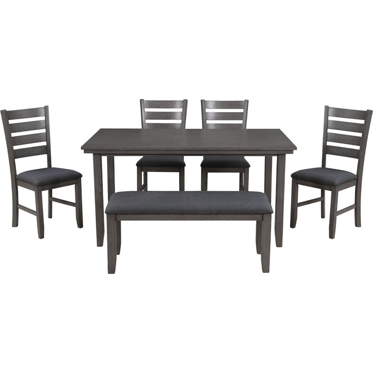 Dining Room Table and Chairs with Bench, Rustic Wood Dining Set, Set of 6 (Gray)