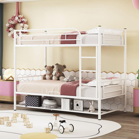 Twin Over Twin Metal Bunk Bed with Shelf and Guardrails, White