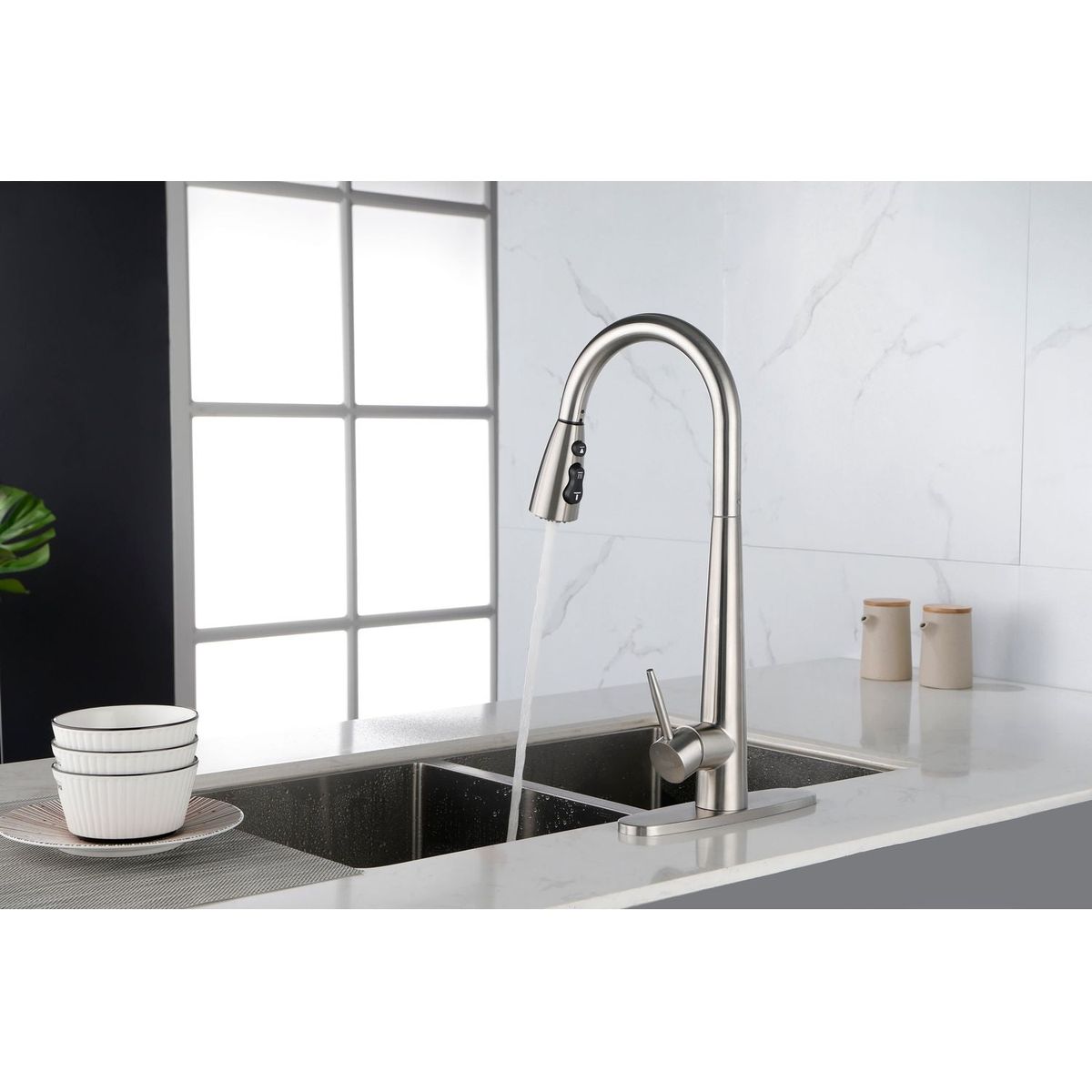 Kitchen Faucet with Pull Down Sprayer Brushed Nickel, High Arc Single Handle Kitchen Sink Faucet with Deck Plate, Commercial Modern Stainless Steel Kitchen Faucets