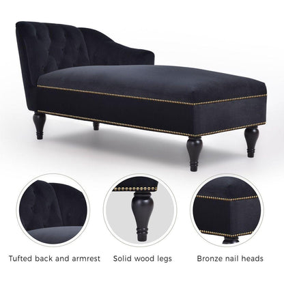 58" Velvet Chaise Lounge, Button Tufted Right Arm Facing Lounge Chair with Nailhead Trim & Solid Wood Legs for Living Room or Office, Sleeper Lounge Sofa (Black)