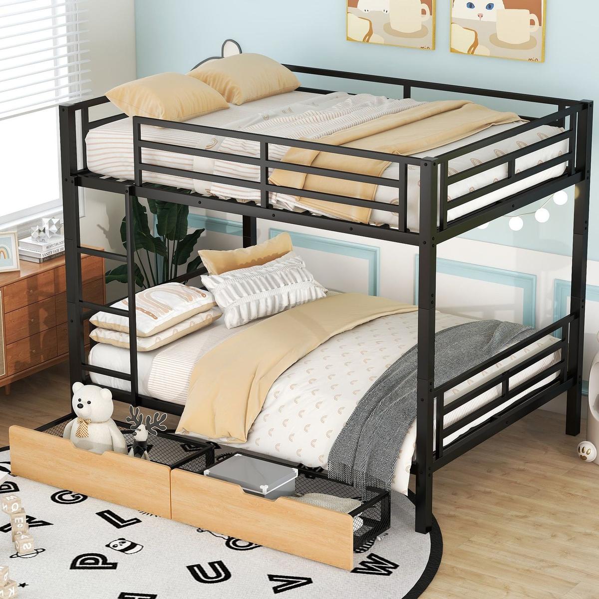 Metal Full Size Convertible Bunk Bed with 2 Drawers, Black