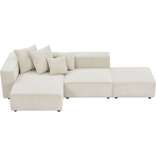 Soft Corduroy Sectional Modular Sofa Set, Small L-Shaped Chaise Couch for Living Room, Apartment, Office, Beige