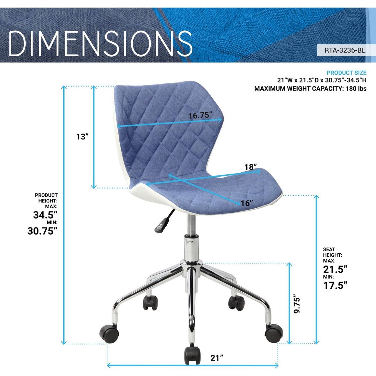 Modern Height Adjustable Office Task Chair, Blue