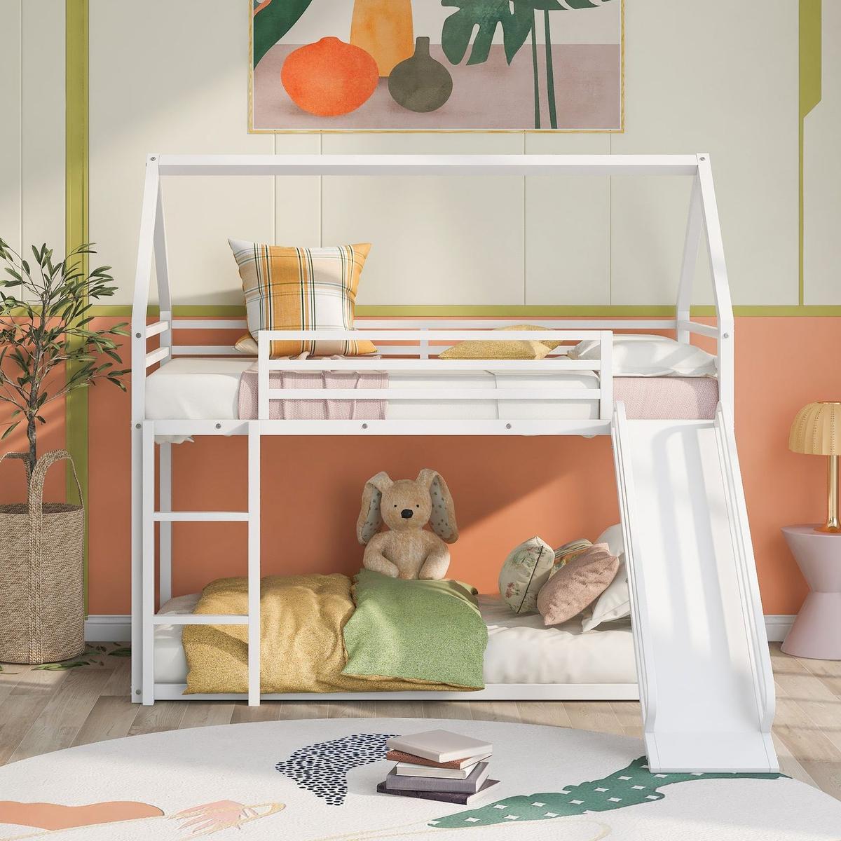 Twin over Twin House Bunk Bed with Ladder and Slide, White - Streamdale Furniture