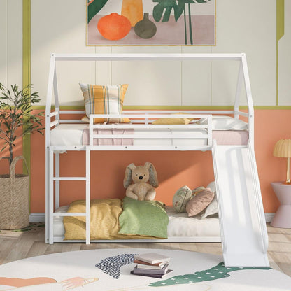 Twin over Twin House Bunk Bed with Ladder and Slide, White - Streamdale Furniture