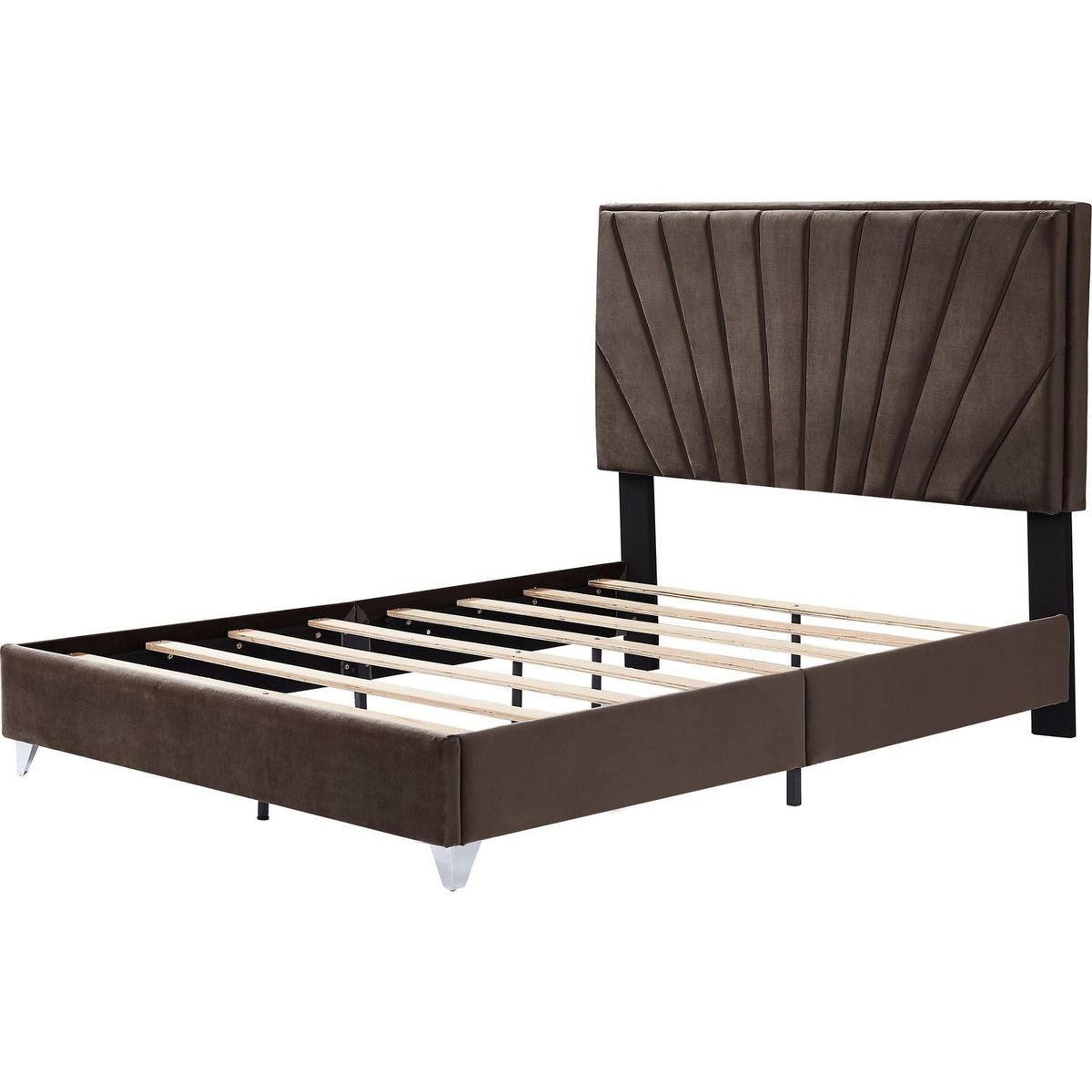 Full bed with two nightstands, Beautiful line stripe cushion headboard, strong wooden slats + metal legs with Electroplate