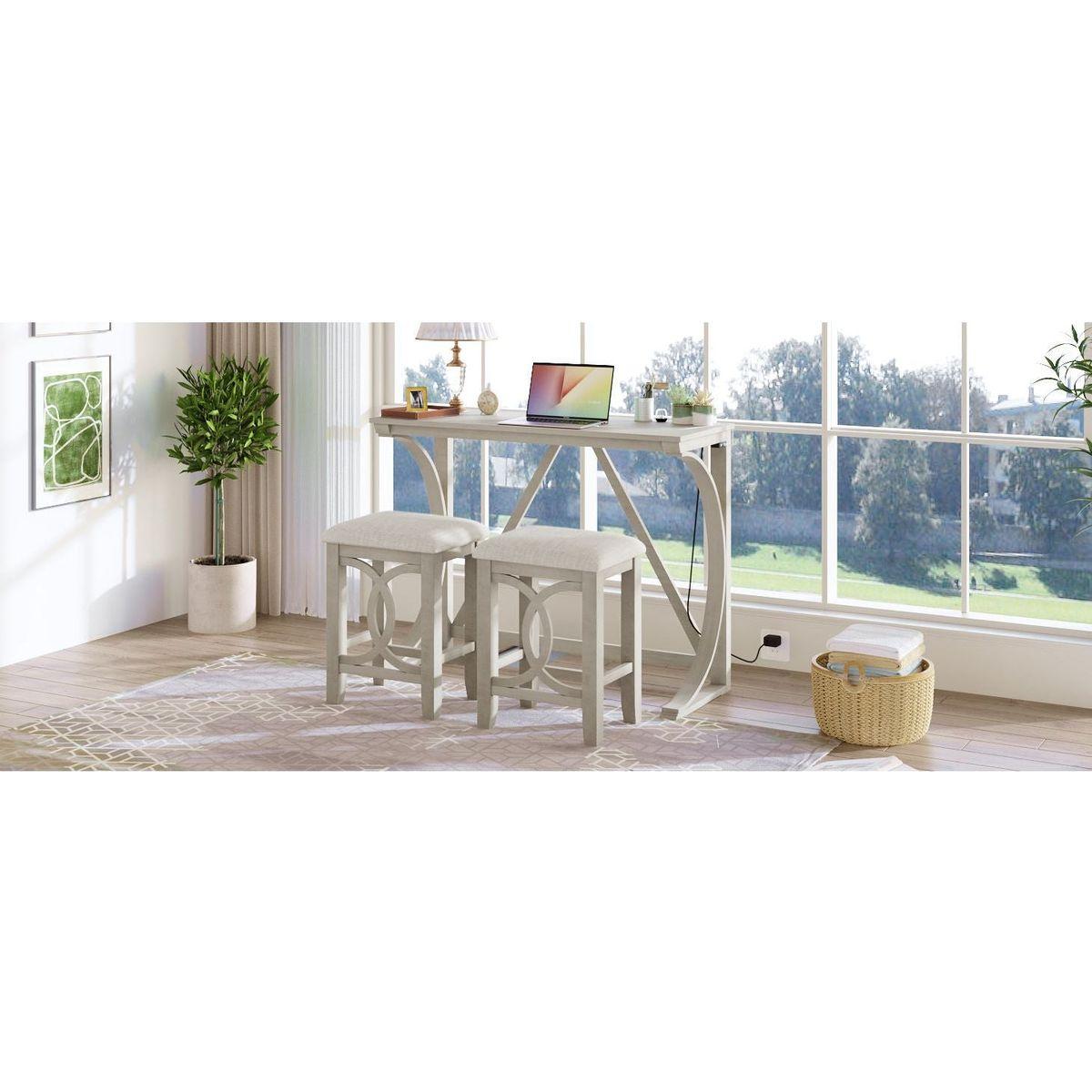 Farmhouse 3-Piece Counter Height Dining Table Set with USB Port and Upholstered Stools, Cream