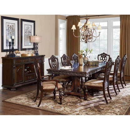 Formal Traditional Dining Chairs 2pc Set Dark Cherry Finish with Gold Tipping Jacquard Fabric Upholstered Extravagant Carving Dining Room Furniture