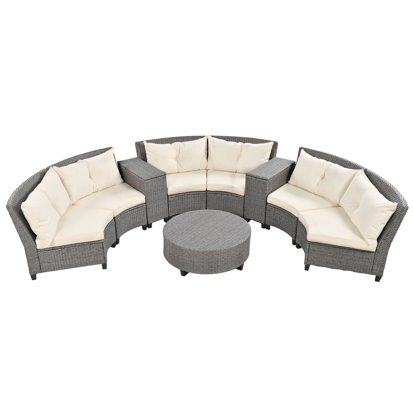 6 - Person Fan-shaped Rattan Suit Combination with Cushions and Table, Suitable for Garden