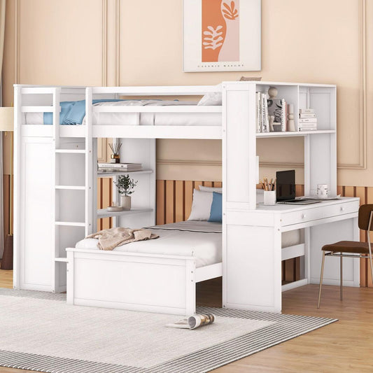 Full size Loft Bed with a twin size Stand-alone bed, Shelves, Desk, and Wardrobe-White - Streamdale Furniture