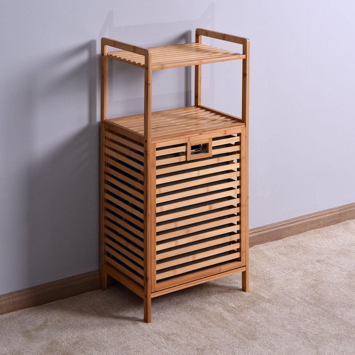 Bathroom Laundry Basket Bamboo Storage Basket with 2-tier Shelf 17.32 x 13 x 37.8 inch - Streamdale Furniture