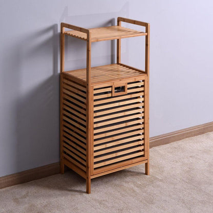 Bathroom Laundry Basket Bamboo Storage Basket with 2-tier Shelf 17.32 x 13 x 37.8 inch - Streamdale Furniture