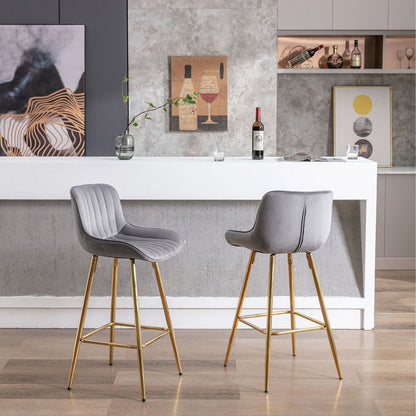 26 Inch Set of 2 Bar Stools, with Chrome Footrest Velvet Fabric Counter Stool Golden Leg Simple Bar Stool, GRAY