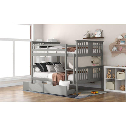 Full over Full Bunk Bed with Drawers and Ladder for Bedroom, Guest Room Furniture-Gray