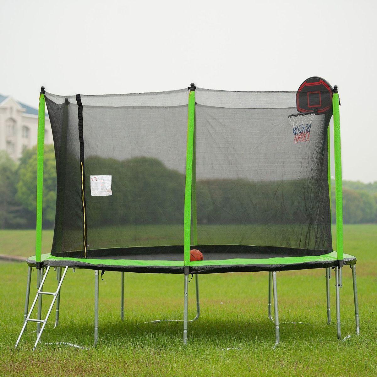 14FT Trampoline with Basketball Hoop Inflator and Ladder (Inner Safety Enclosure) Green - Streamdale Furniture