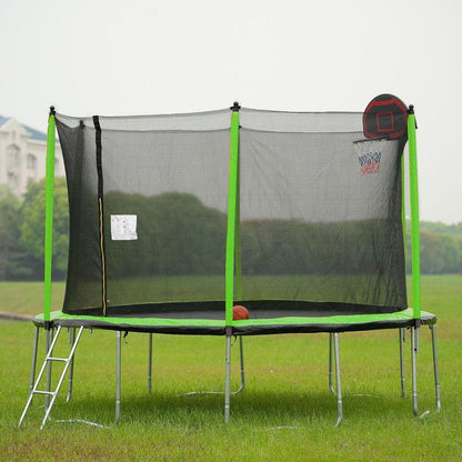 14FT Trampoline with Basketball Hoop Inflator and Ladder (Inner Safety Enclosure) Green - Streamdale Furniture