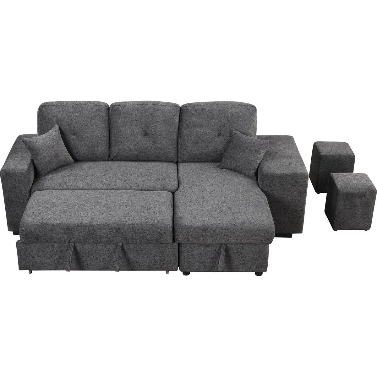 Reversible Sleeper Sectional Sofa Bed with Side Shelf and 2 Stools, Pull-Out L-Shaped Sofa Bed, Corner Sofa-Bed with Storage Chaise Left/Right Hande for Living Room, Blue Black