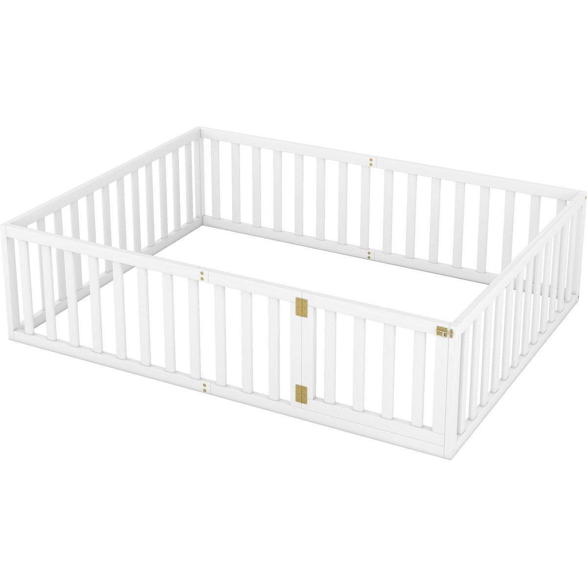 Queen Size Wood Floor Bed Frame with Fence and Door, White