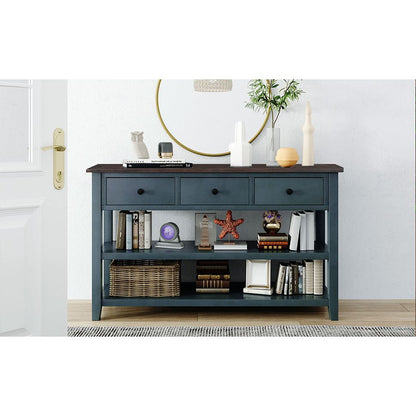 Retro Design Console Table with Two Open Shelves, Pine Solid Wood Frame and Legs for Living Room (Navy) - Streamdale Furniture