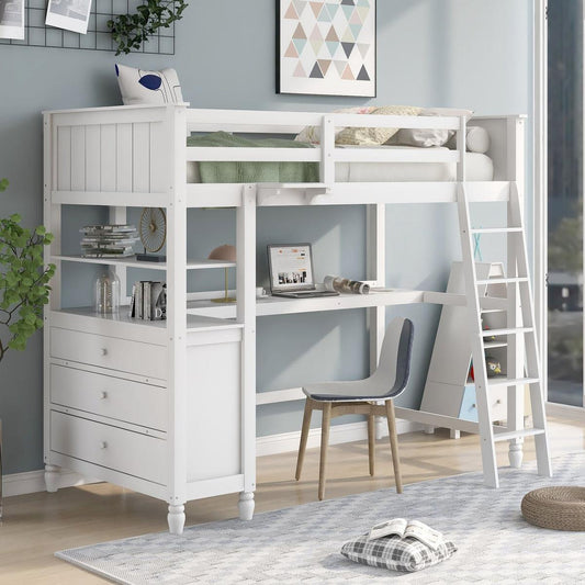 Twin size Loft Bed with Drawers and Desk, Wooden Loft Bed with Shelves - White