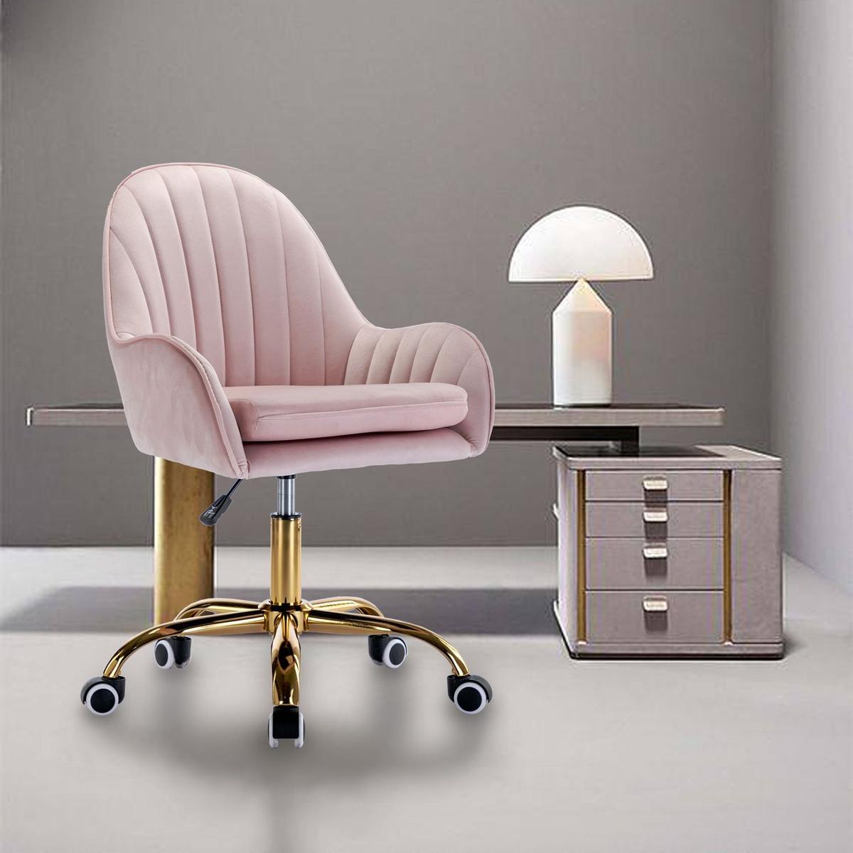 Velvet Home Office Chair with Wheels, Cute Chair with Side Arms and Gold Metal Base for Living Room, Bedroom,and Vanity Room,Bling Desk Nail Desk for Women,Adjustable Height,Pink