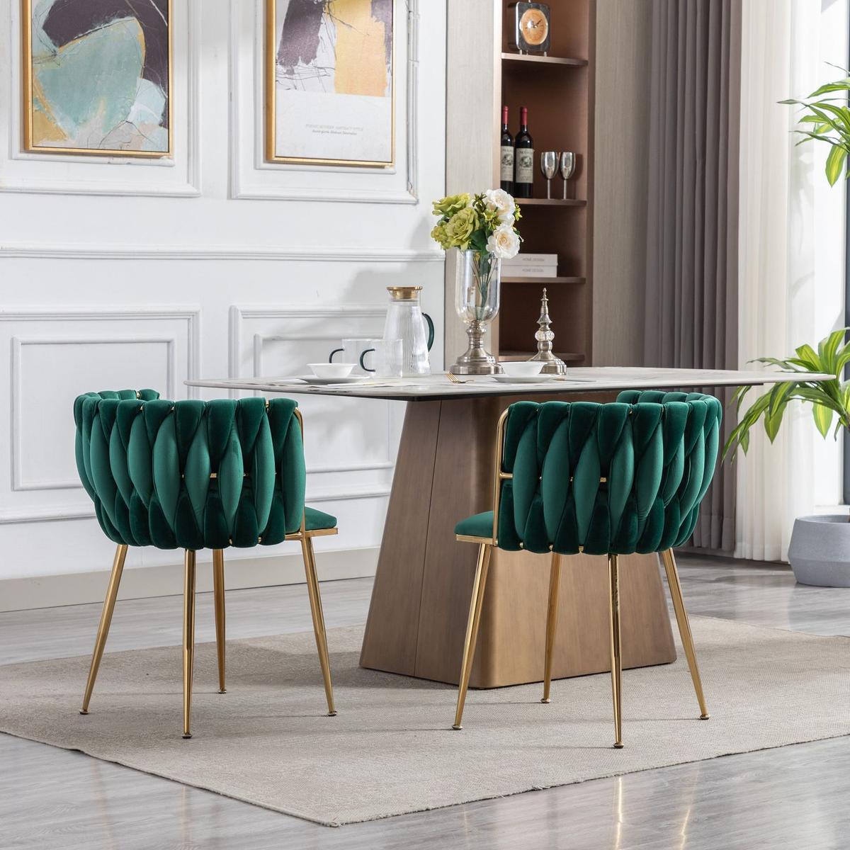 Dining Chair, Thickened fabric chairs with wood legs Set of 2, Green