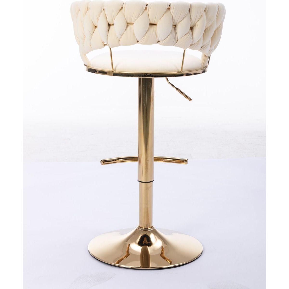 Set of 2 Bar Stools, with Chrome Footrest and Base Swivel Height Adjustable Mechanical Lifting Velvet + Golden Leg Simple Bar Stool-Cream - Streamdale Furniture