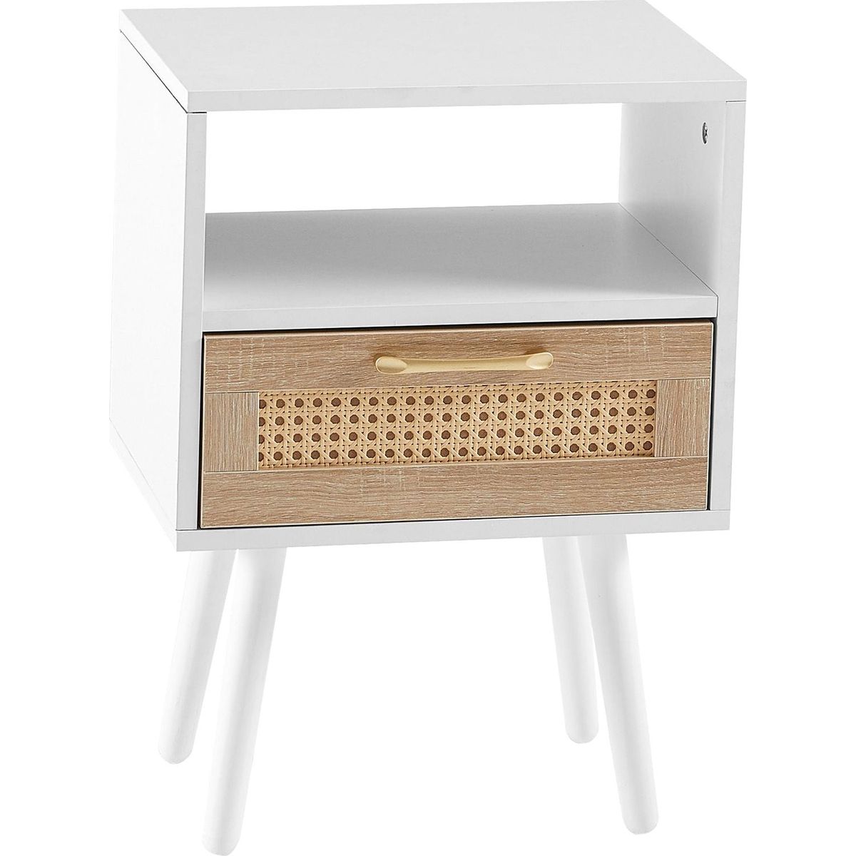 15.75" Rattan End table with drawer and solid wood legs, Modern nightstand, side table for living roon, bedroom, white