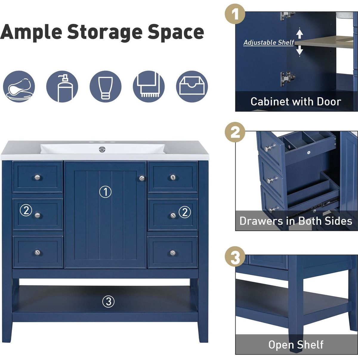 36" Bathroom Vanity with Sink Combo, One Cabinet and Three Drawers, Solid Wood and MDF Board, Blue