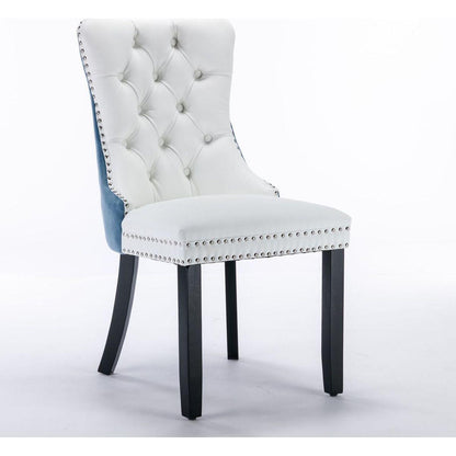 Nikki Collection Modern, High-end Tufted Solid Wood Contemporary PU and Velvet Upholstered Dining Chair with Wood Legs Nailhead Trim 2-Pcs Set, White+Light Blue