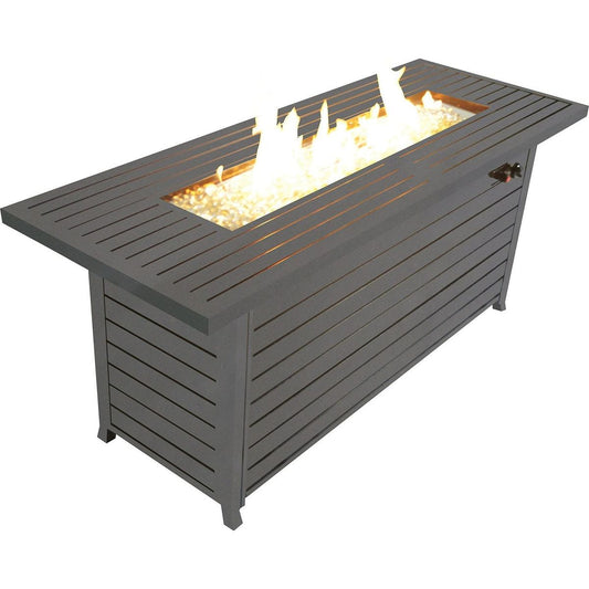 57in Outdoor Gas Propane Fire Pits Table, Aluminum, 50000BTU Firepit Fireplace Dining Table with Lid, Fire Glass, Retangular, ETL Certification, for Garden Backyard Deck Patio-Mocha