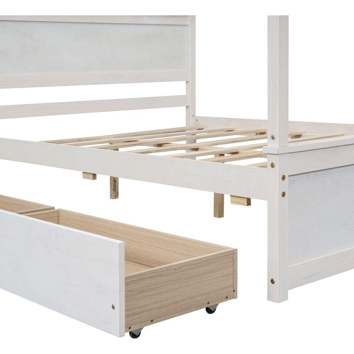 Wood Canopy Bed with two Drawers, Full Size Canopy Platform bed With Support Slats .No Box Spring Needed, Brushed White