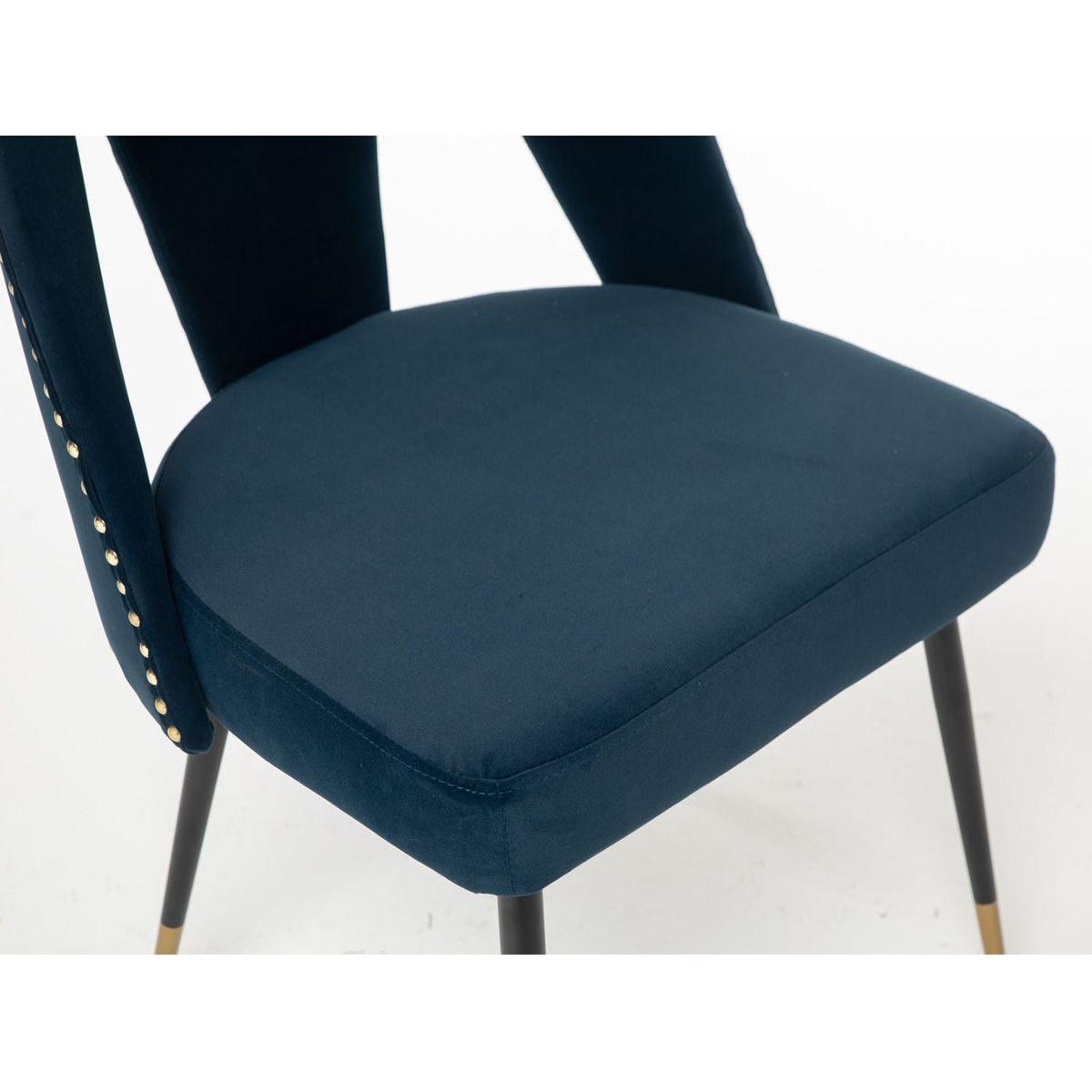 Akoya Collection Modern Contemporary Velvet Upholstered Dining Chair with Nailheads and Gold Tipped Black Metal Legs, Blue, Set of 2