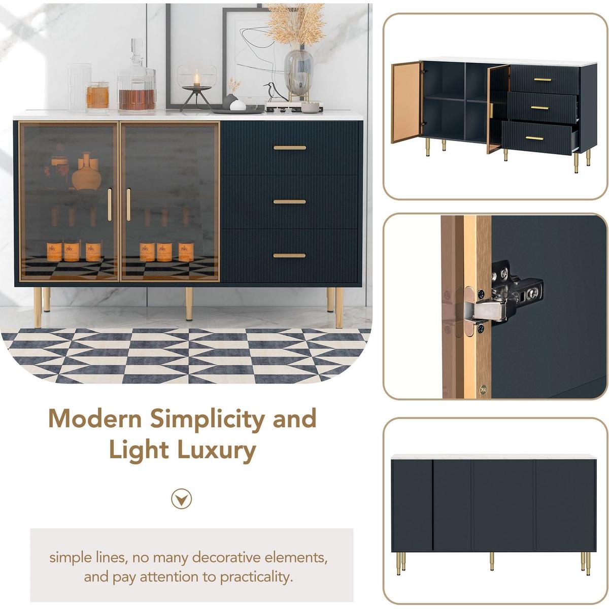 Modern Sideboard MDF Buffet Cabinet Marble Sticker Tabletop and Amber-yellow Tempered Glass Doors with Gold Metal Legs & Handles (Navy Blue)